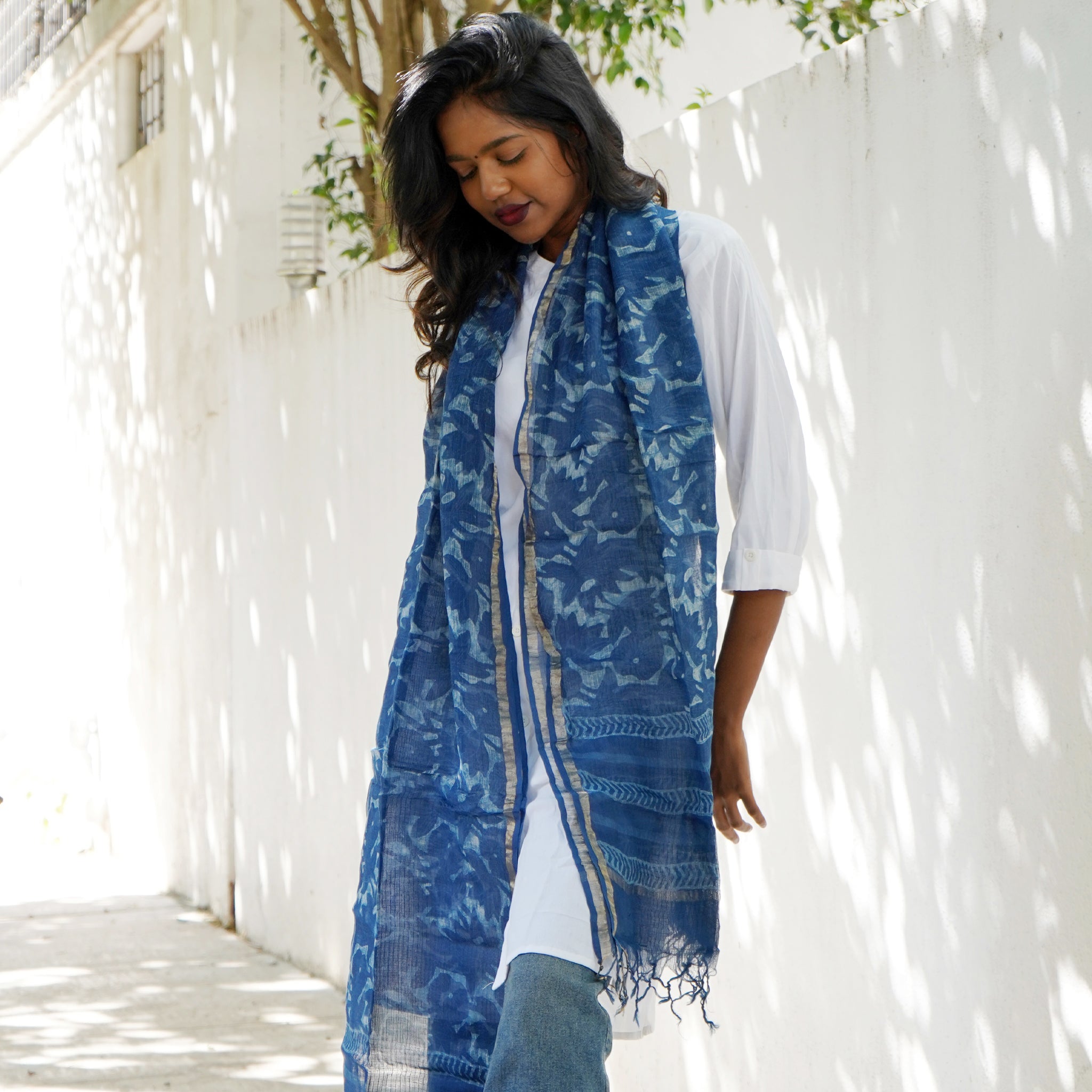 Shop Kotadoria Dupatta: Floral Art Block Print - Indigo Blue Online