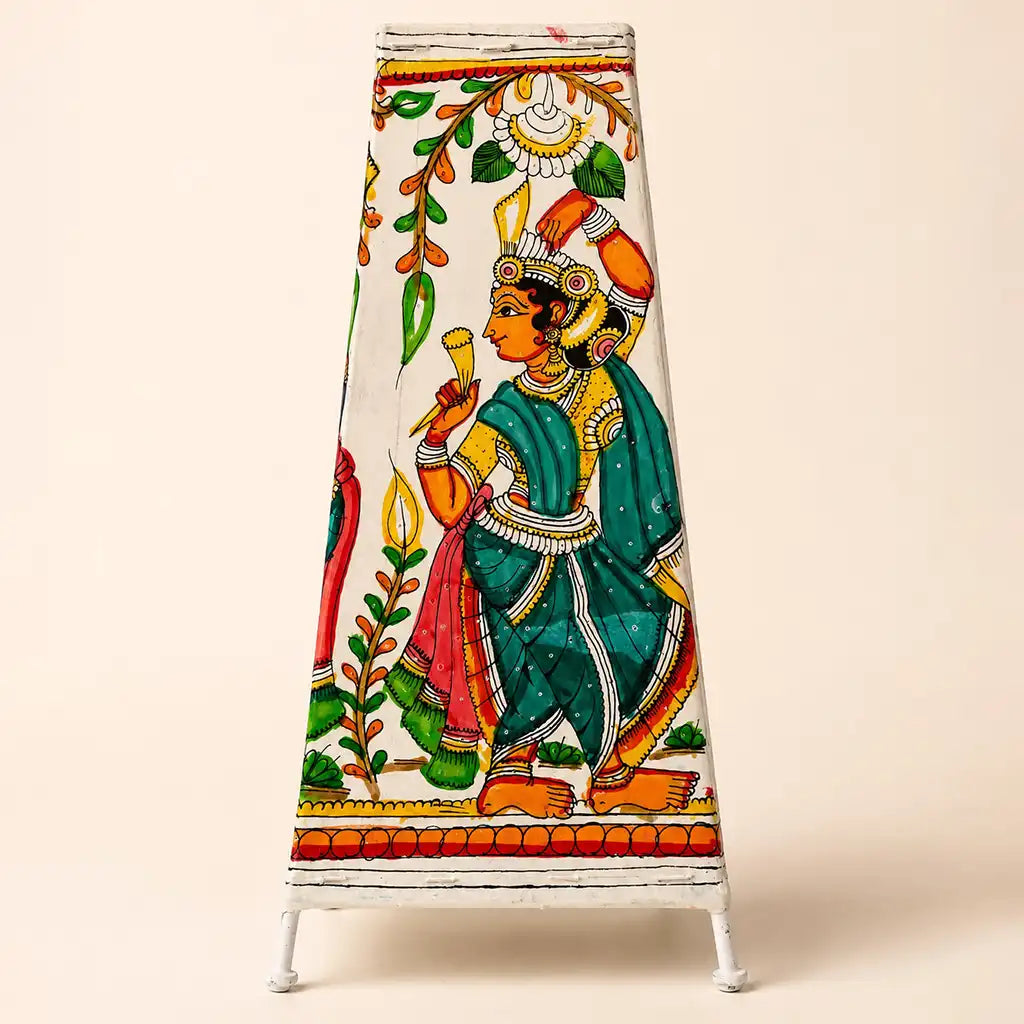 Radha Krishna Lamp: Handpainted Andhra Leather Tholu Bommalata Art (16 Inch)