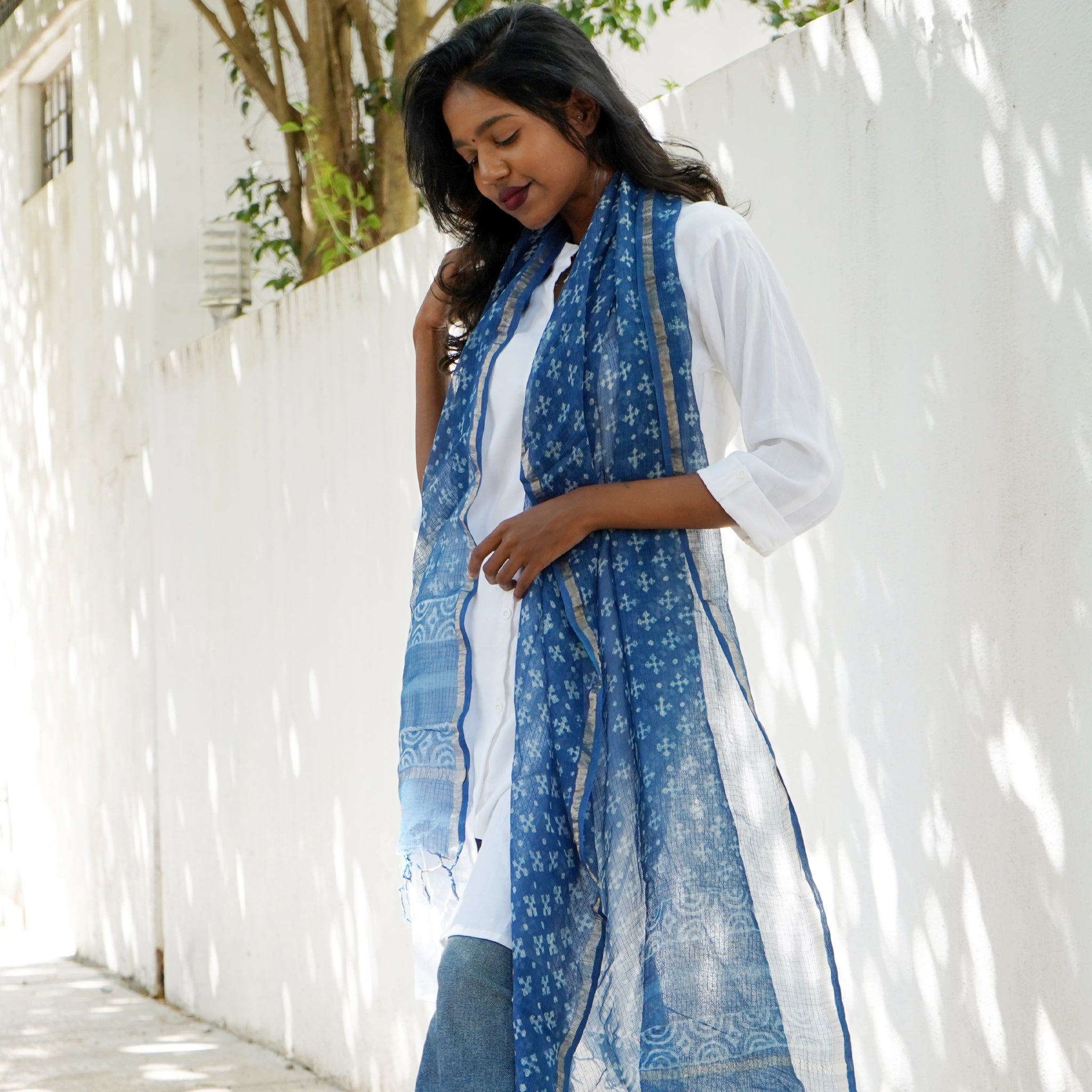 Shop Kotadoria Dupatta: Geometric Motif Block Print - Indigo Blue Online