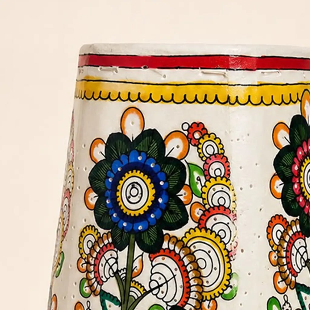 Multi-Color Peacock Lamp: Hand-Painted Andhra Tholu Bommalata Leather Art - Culturati