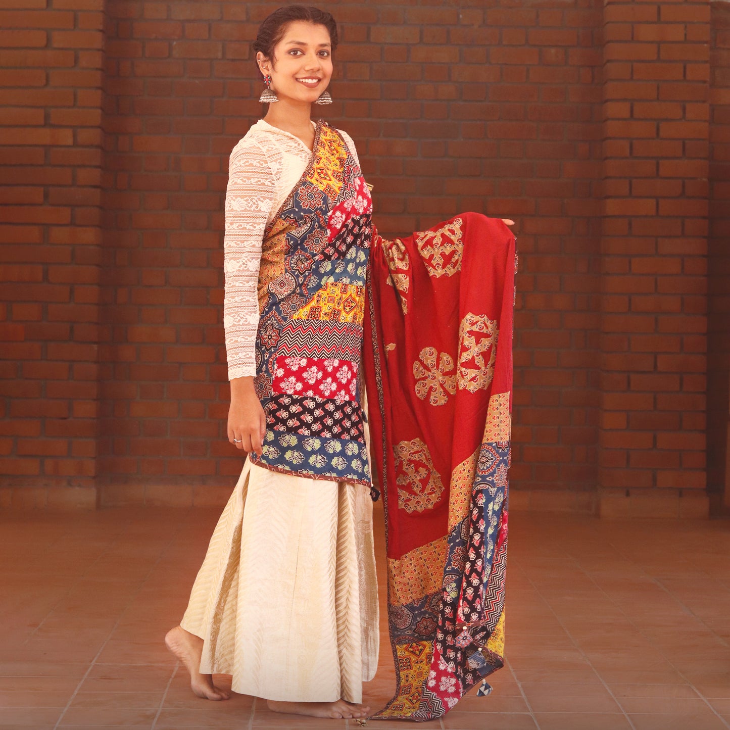 Patchwork Ajrakh Dupatta- Red