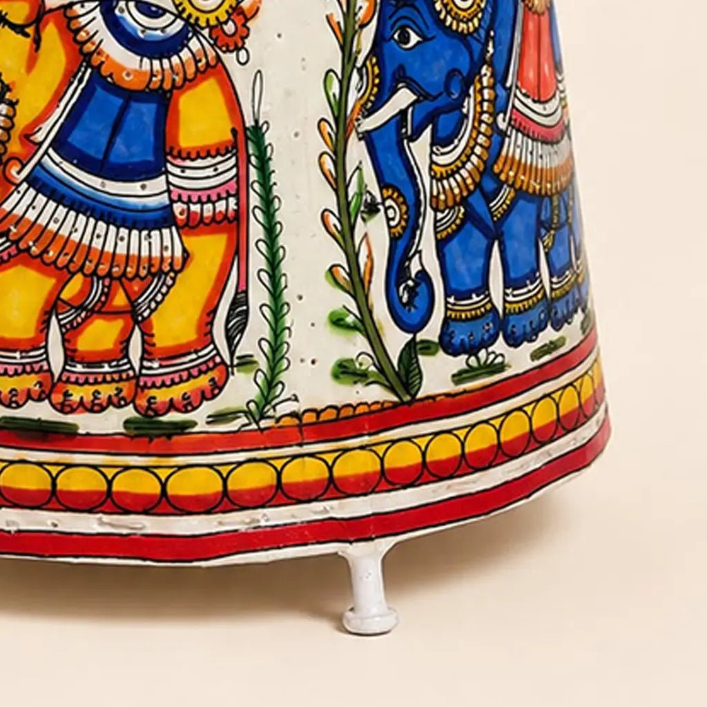 Multi-Color Elephant Lamp: Hand-Painted Andhra Tholu Bommalata Leather Art - Culturati