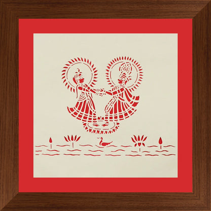 Raas-Radha Krishna Dancing Sanjhi Paper Cutting Art-Red Background