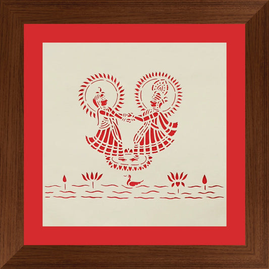 Raas-Radha Krishna Dancing Sanjhi Paper Cutting Art-Red Background