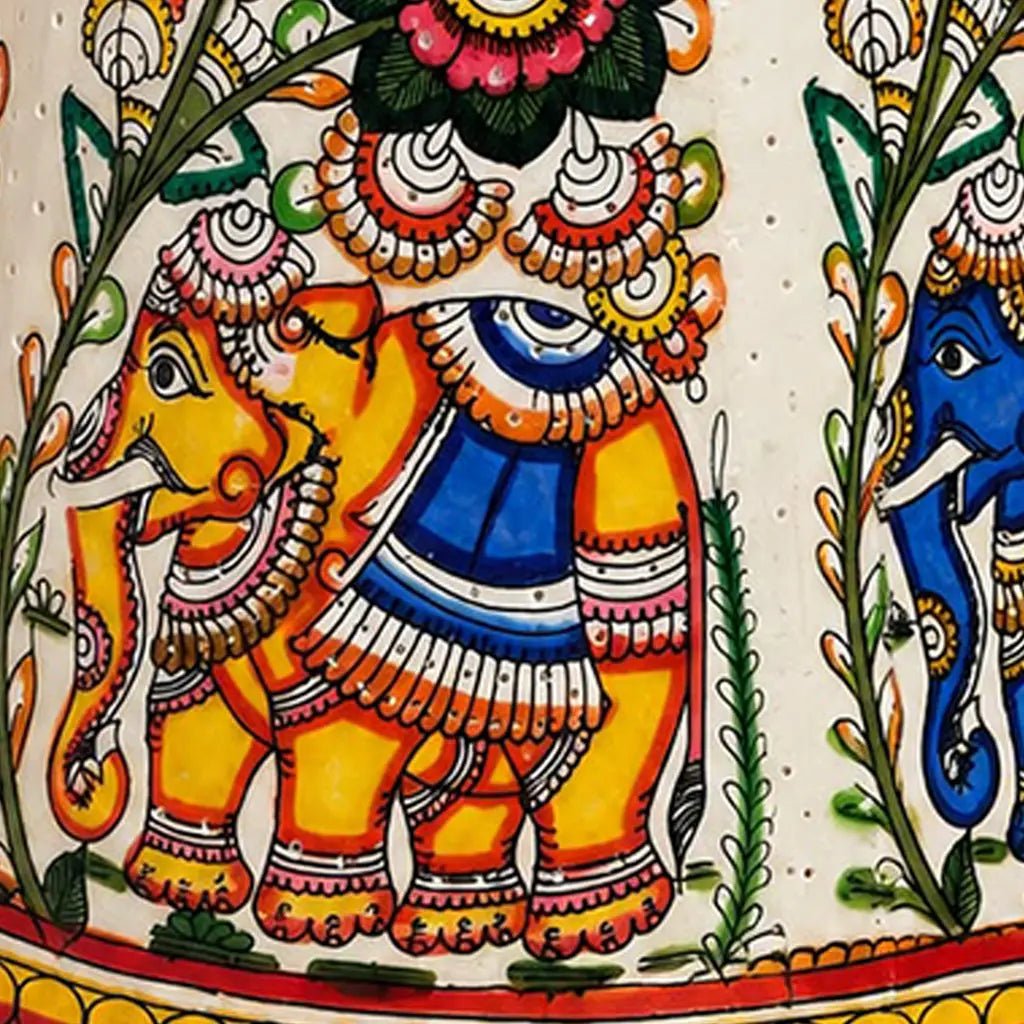 Multi-Color Elephant Lamp: Hand-Painted Andhra Tholu Bommalata Leather Art - Culturati