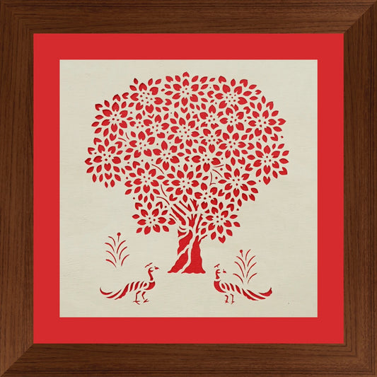 Kadam Tree with Peacock-Sanjhi Paper Cutting Art-Red Background