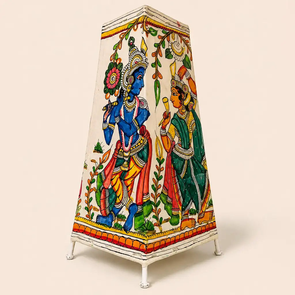 Radha Krishna Lamp: Handpainted Andhra Leather Tholu Bommalata Art (16 Inch)