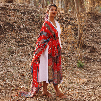 Ajrak Patchwork and Batik Print Dupatta - Pure Modal Silk - Scarlet Red and Blue