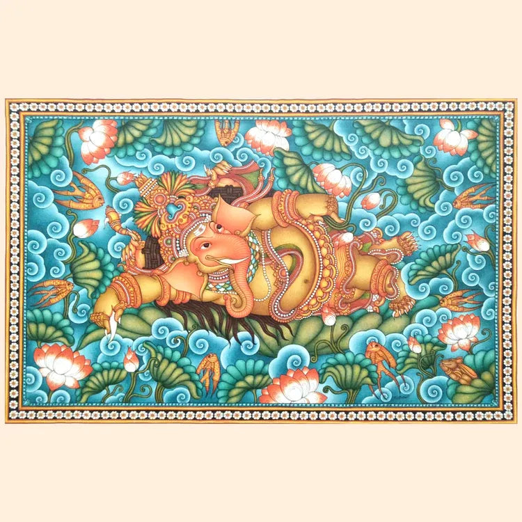 Kerala Mural Painting depicting Shayana Ganapati, serene and divine