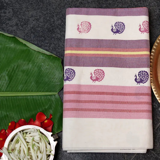 Shop Authentic Kerala Handloom Peacock Print Cotton Saree Online
