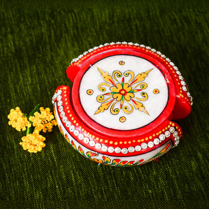 Kishangarh Marble Tea Coasters with Beautiful Floral & Red Accents