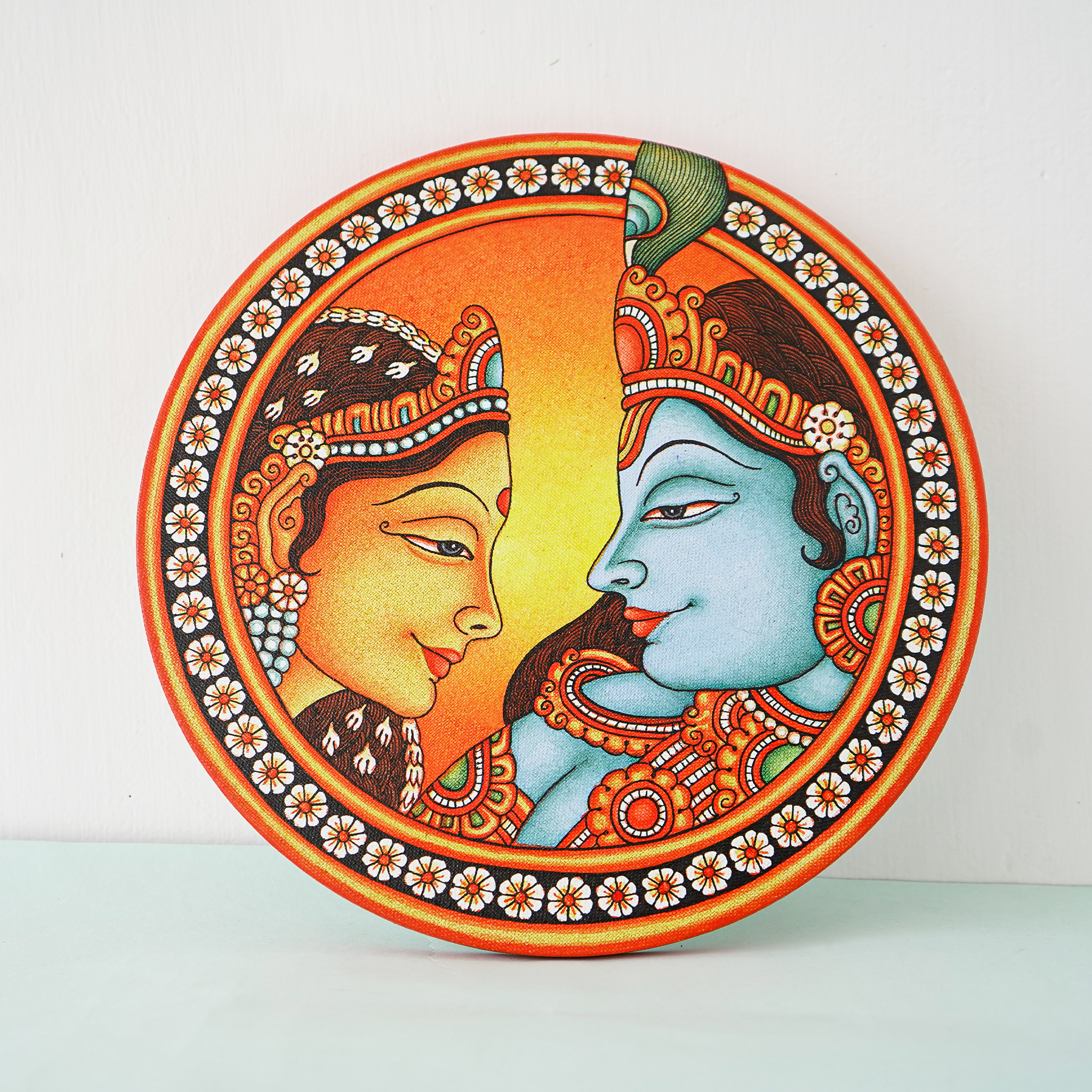 Kerala Mural Art Masterpiece: Eternal Love of Krishna and Radha Round Frame(Dia - 12 inches) mural painting wall art by Culturati