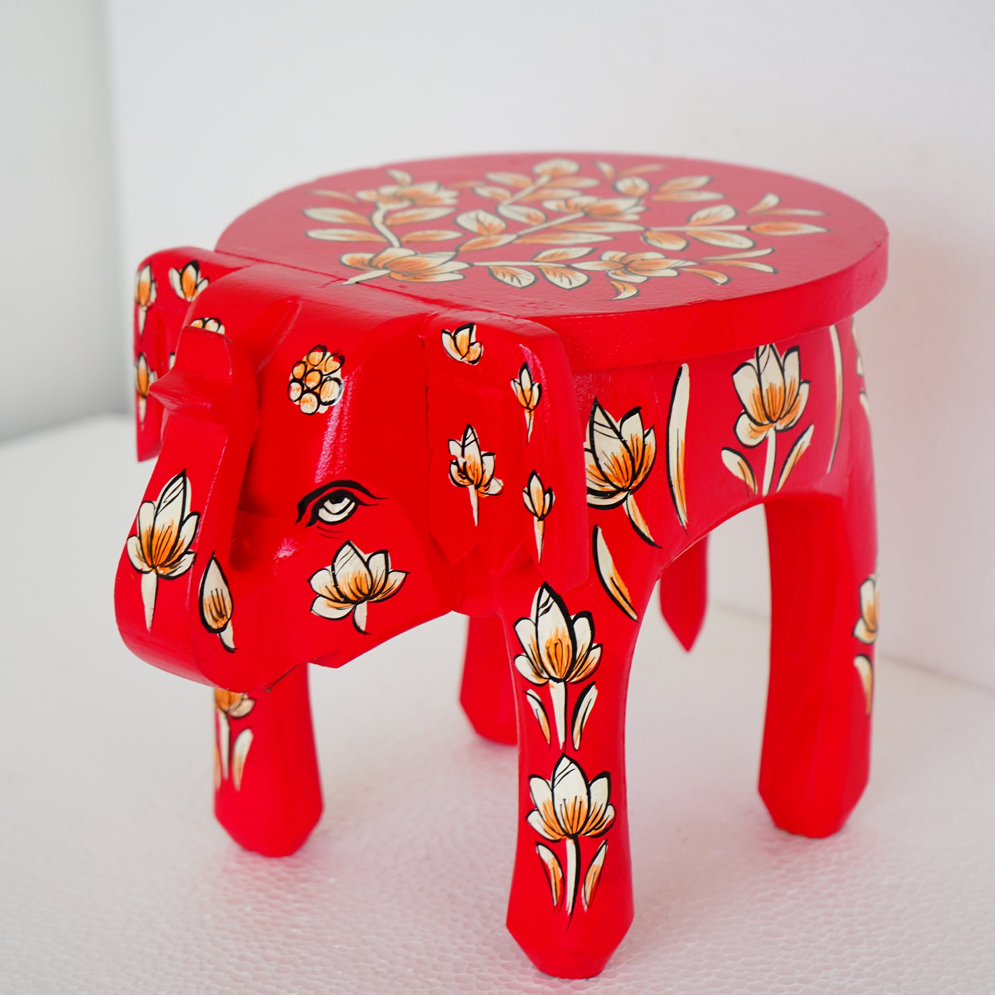 Hand-Painted Wooden Elephant Shape Red Stool