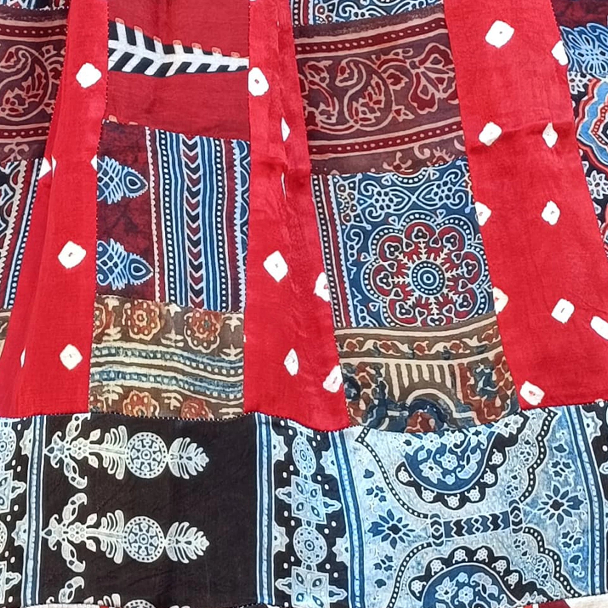 Ajrak Patchwork and Batik Print Dupatta - Pure Modal Silk - Scarlet Red and Blue