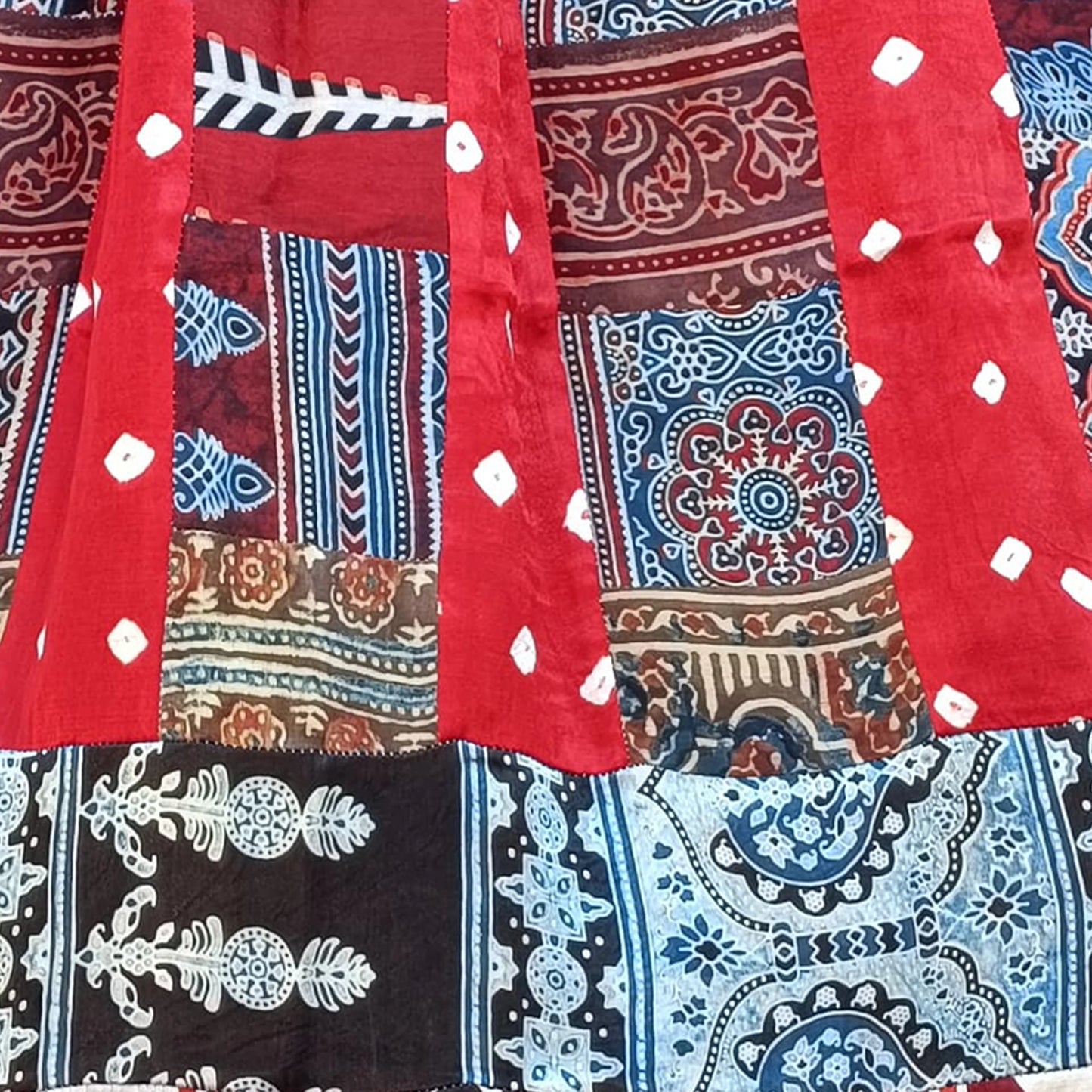 Ajrak Patchwork and Batik Print Dupatta - Pure Modal Silk - Scarlet Red and Blue