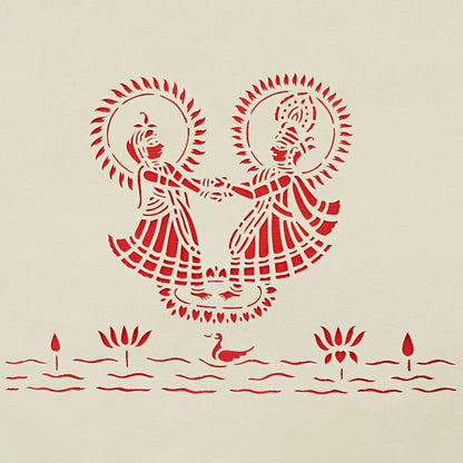 Raas-Radha Krishna Dancing Sanjhi Paper Cutting Art-Red Background