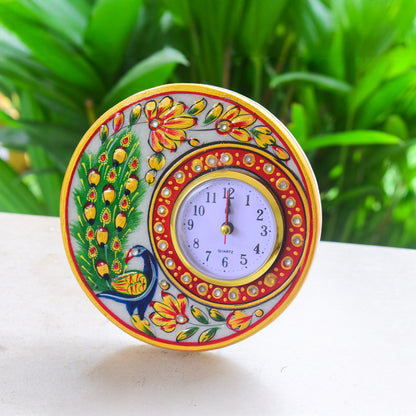 Kishangarh Marble Clock with Hand-Painted Peacock Motifs