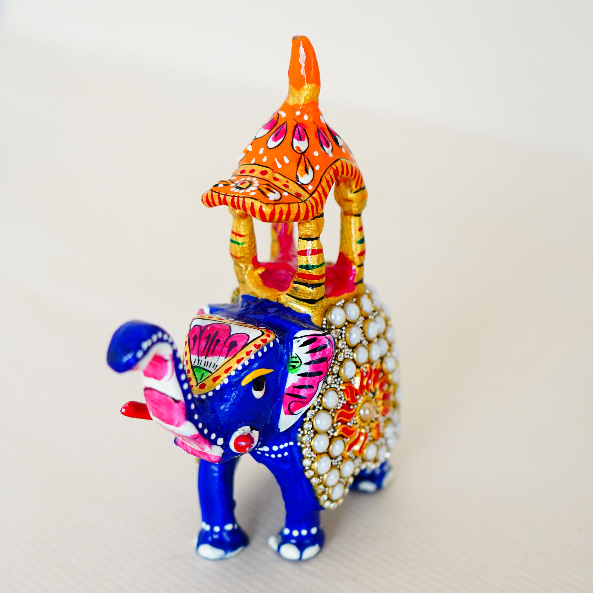 Elegant Handcrafted Meenakari Design Elephant With Howdah Seat Beaded Statue Blue (3 Inch)