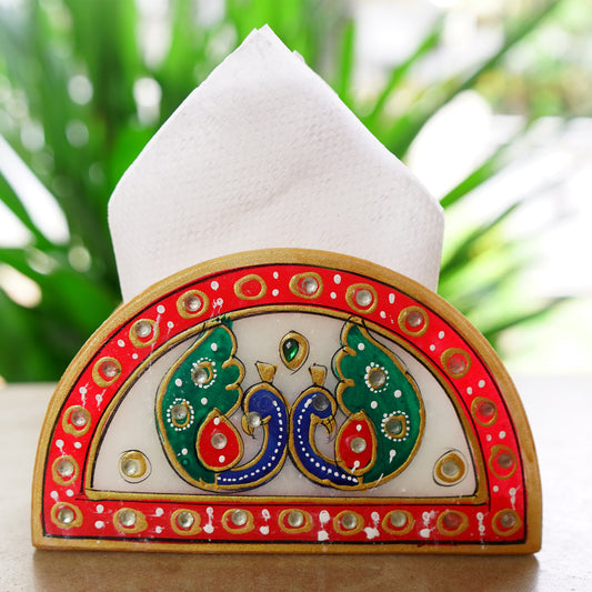 Kishangarh Marble Napkin Holder with Meenakari Peacocks