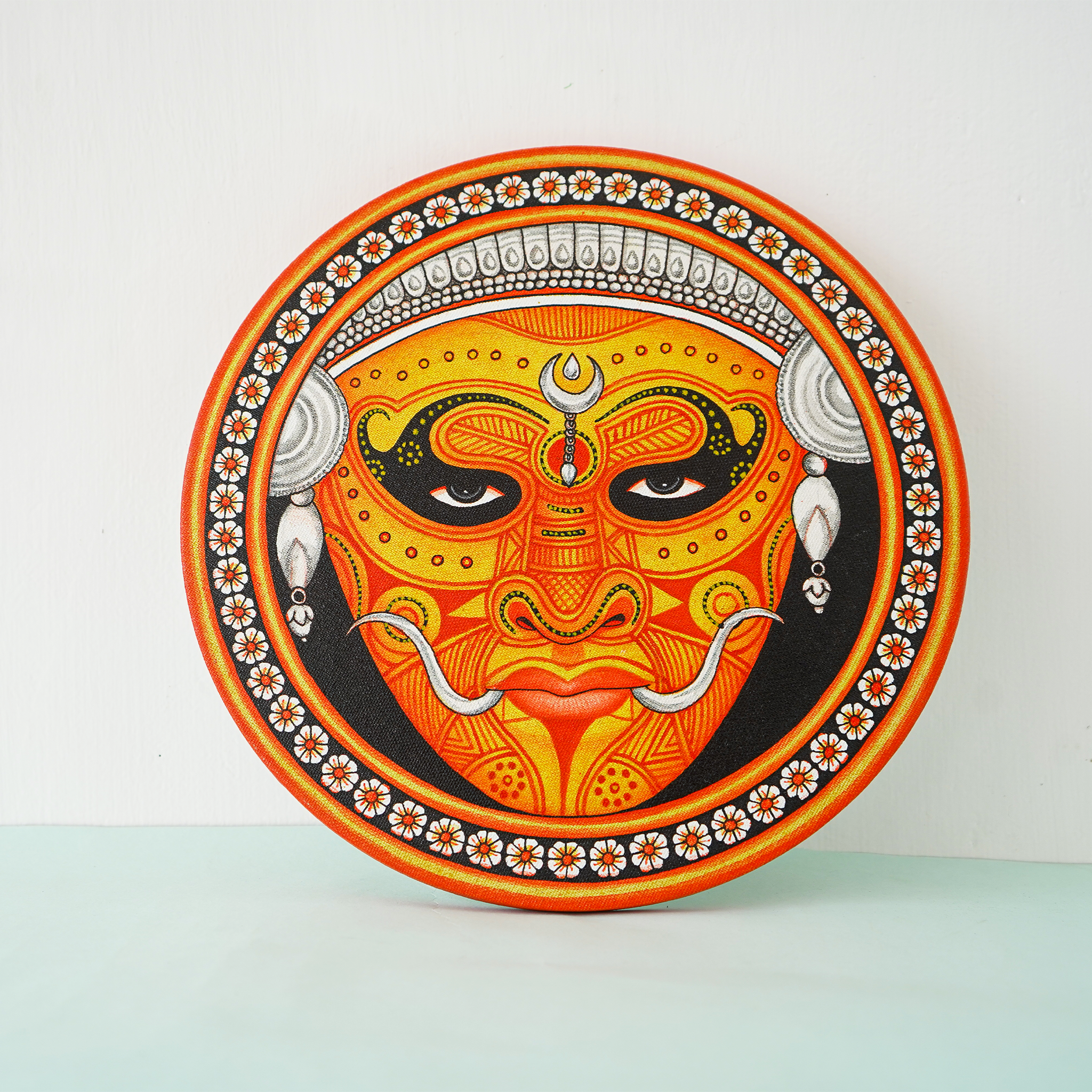 Kerala Mural Art Masterpiece: Vivid Theyyam Face Round Frame  (Dia - 12 inches) mural painting wall art by Culturati