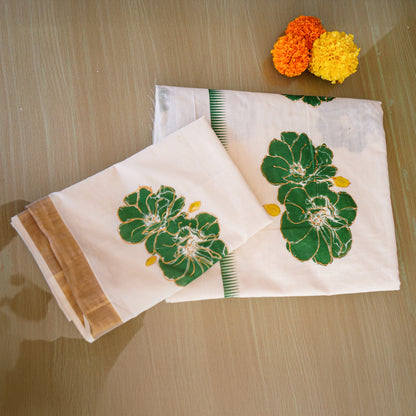 Elegant Kerala Kadavu Saree with Hand-Painted Green Floral Motifs