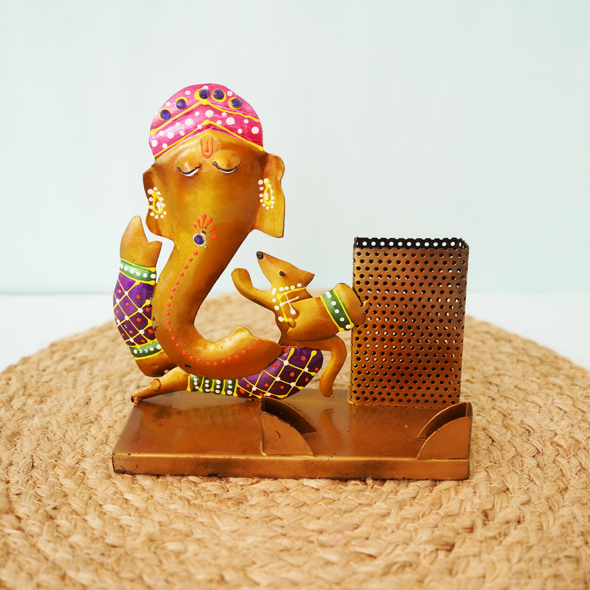 Handcrafted Ganesha Pen Stand - Brass Desk Organizer with Lord Ganesh - Culturati