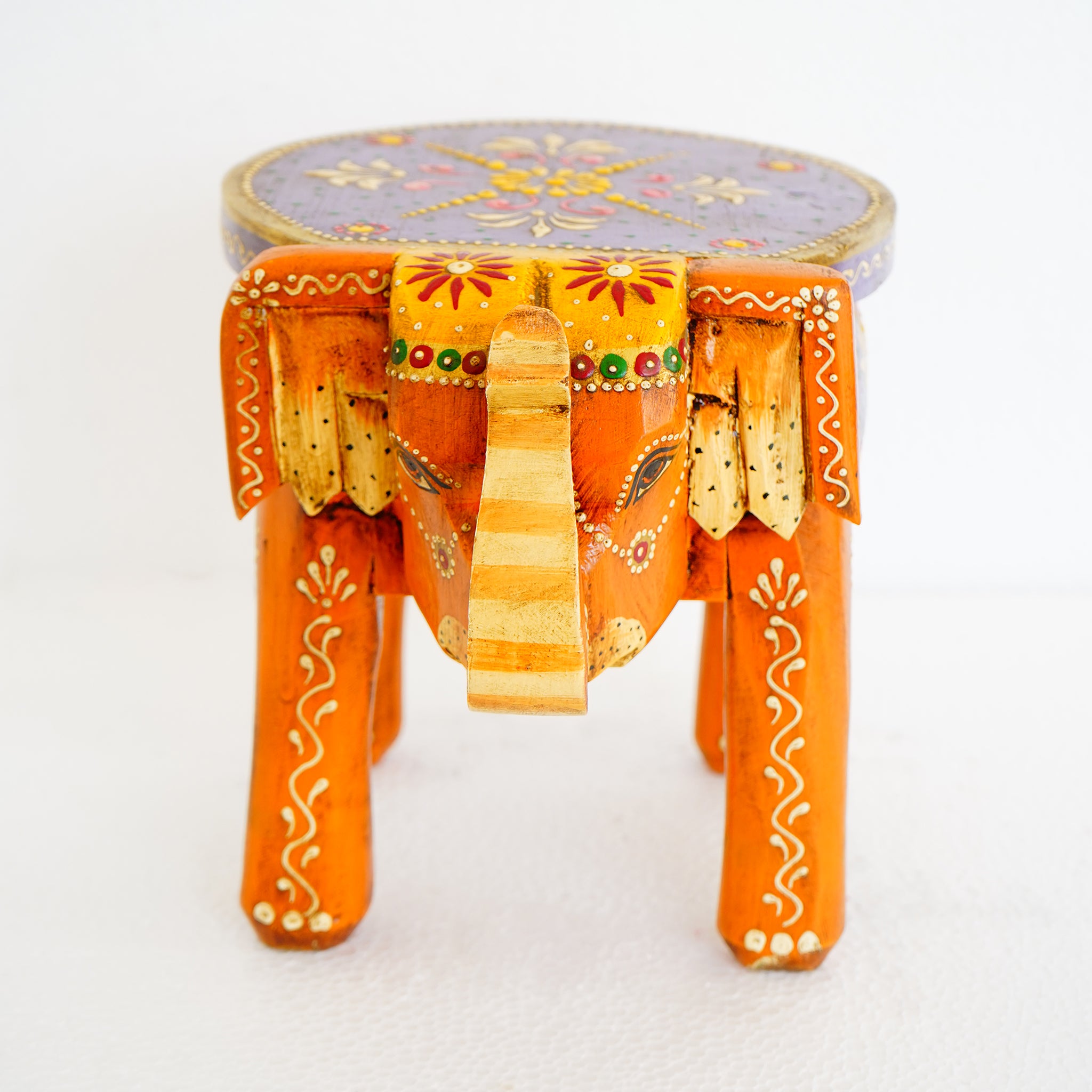 Hand-Painted Wooden Elephant Purple Stool