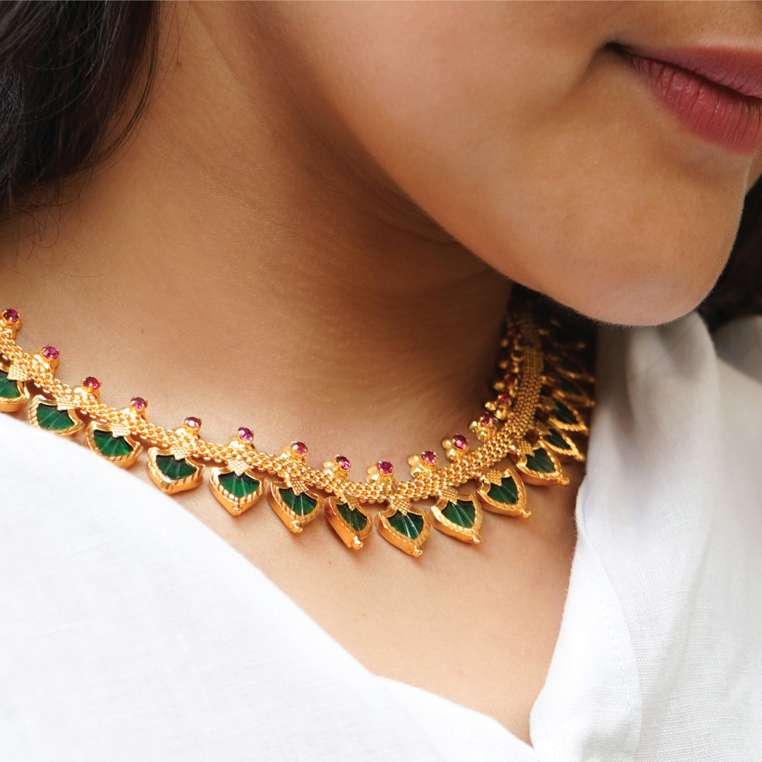 Kerala Palakka Necklace and Earrings with Leaf shaped Moti-Made to Order