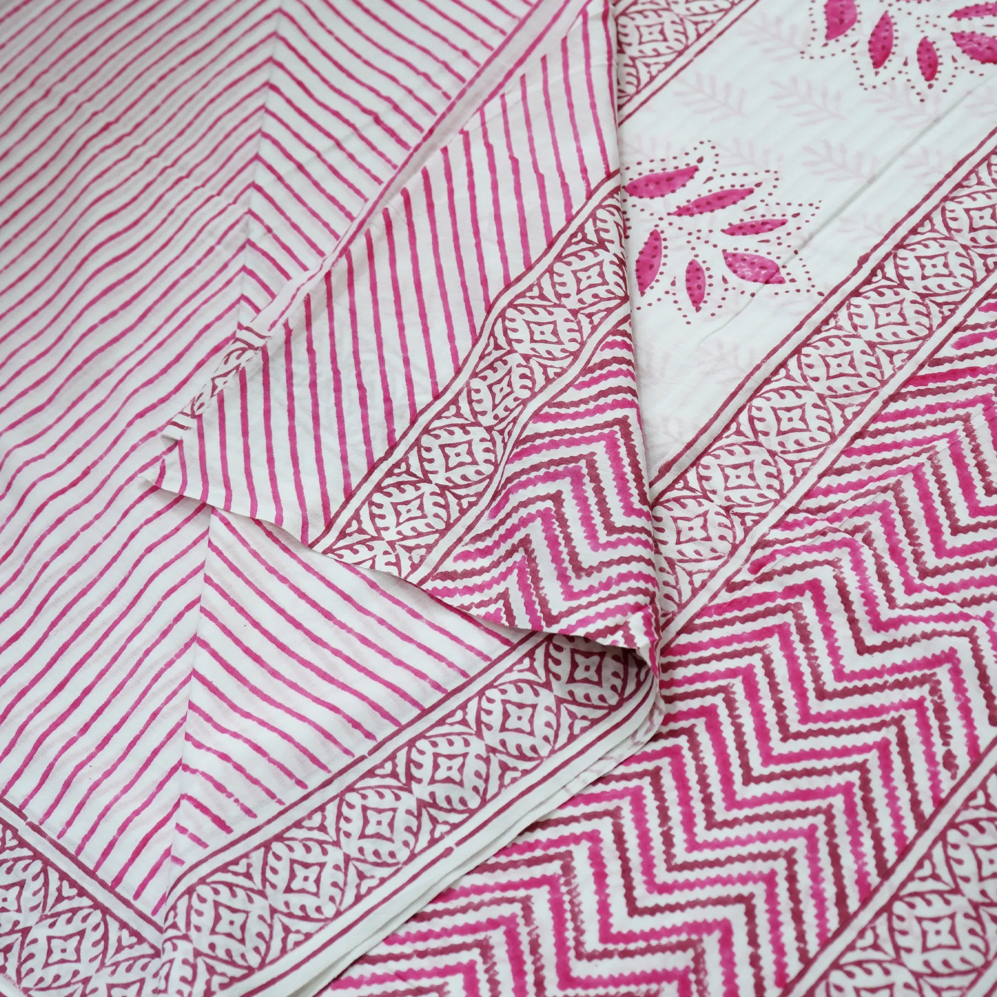 Summer Splash: Hand Block Printed-White and Rani Pink-Geometric Border