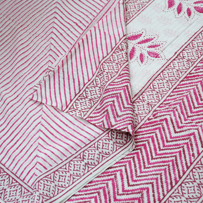 Summer Splash: Hand Block Printed-White and Rani Pink-Geometric Border