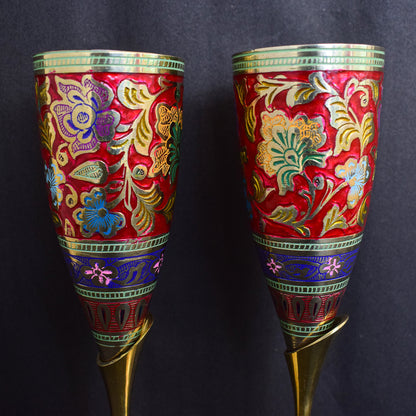 Brass Wine Glass with Handmade Red Floral Minakari Work-Set of Two