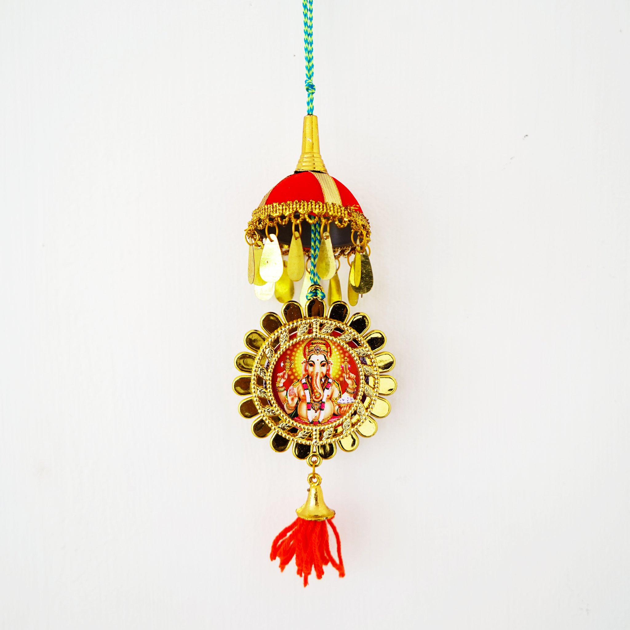 Padmanabhaswamy & Ganesha Dual Sided Car Hanging – Decorative Temple Umbrella Design with Tassels(Pack of 2)