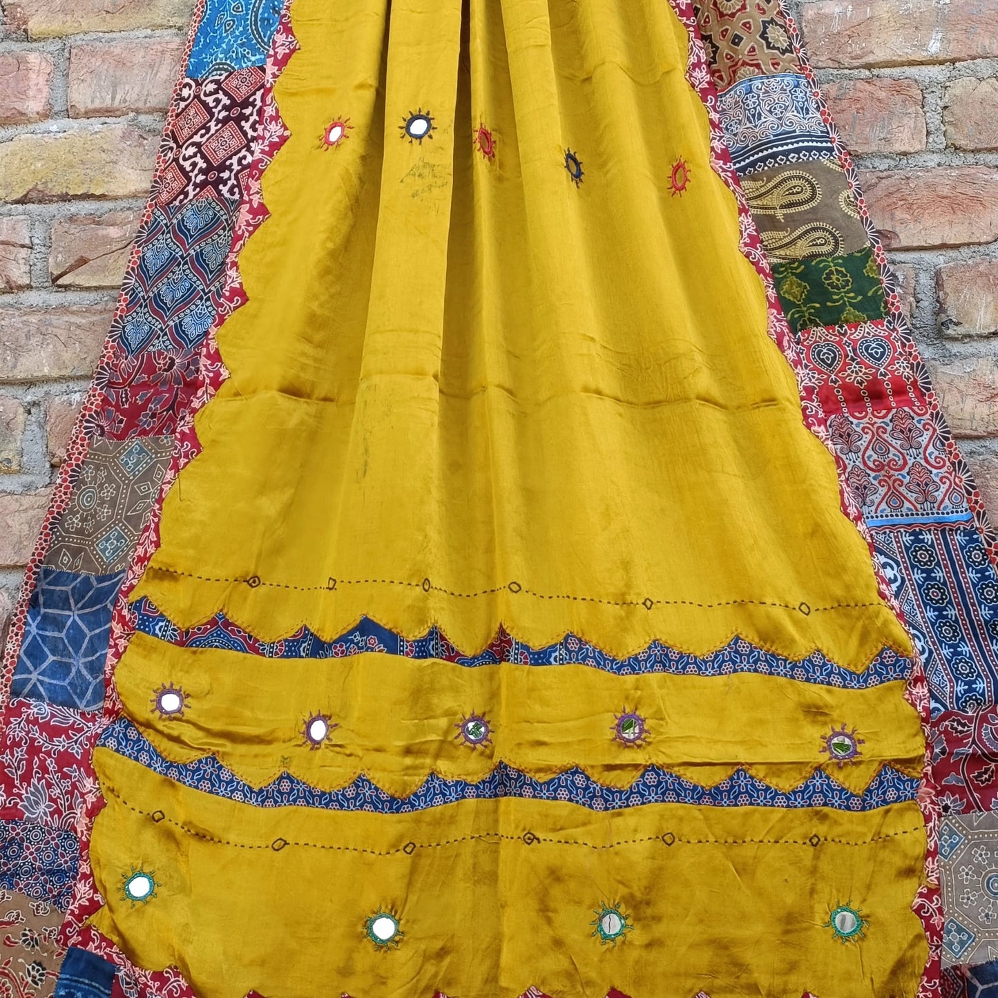 Ajrakh Patchwork Dupatta with Applique work Border - Pure Modal Silk - Mustard