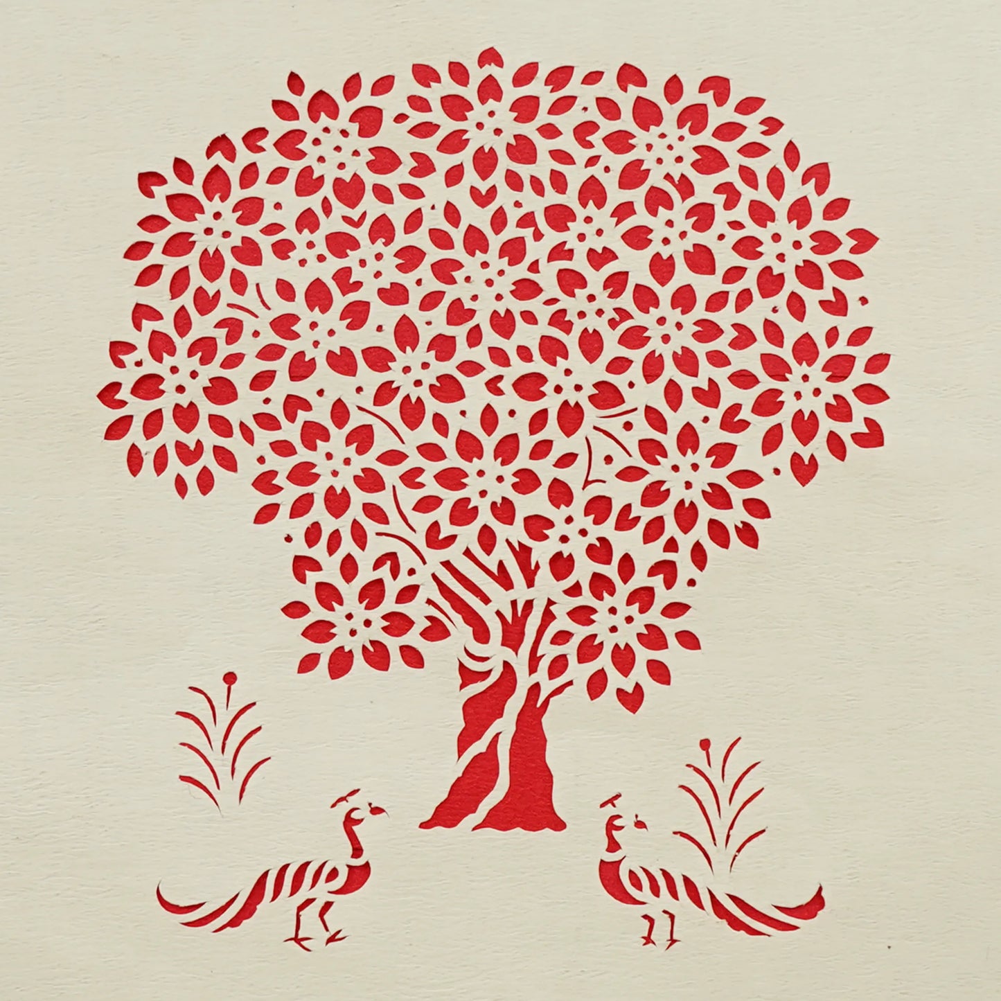 Kadam Tree with Peacock-Sanjhi Paper Cutting Art-Red Background