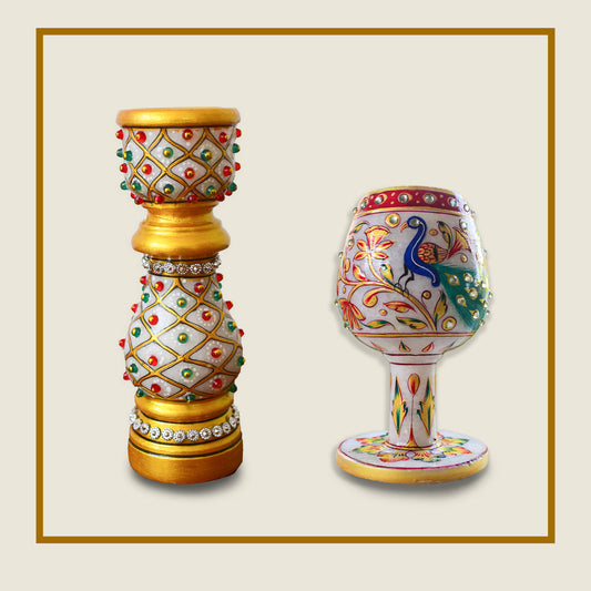 Kishangarh Marble Perfect Dinning Combo Candle Stand and  Wine Glass