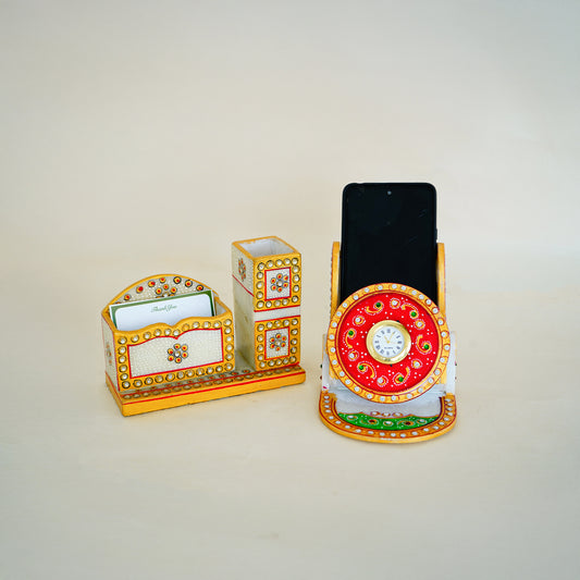 Kishangarh Marble Professional Combo Card Holder and Hand-Painted Peacock Clock