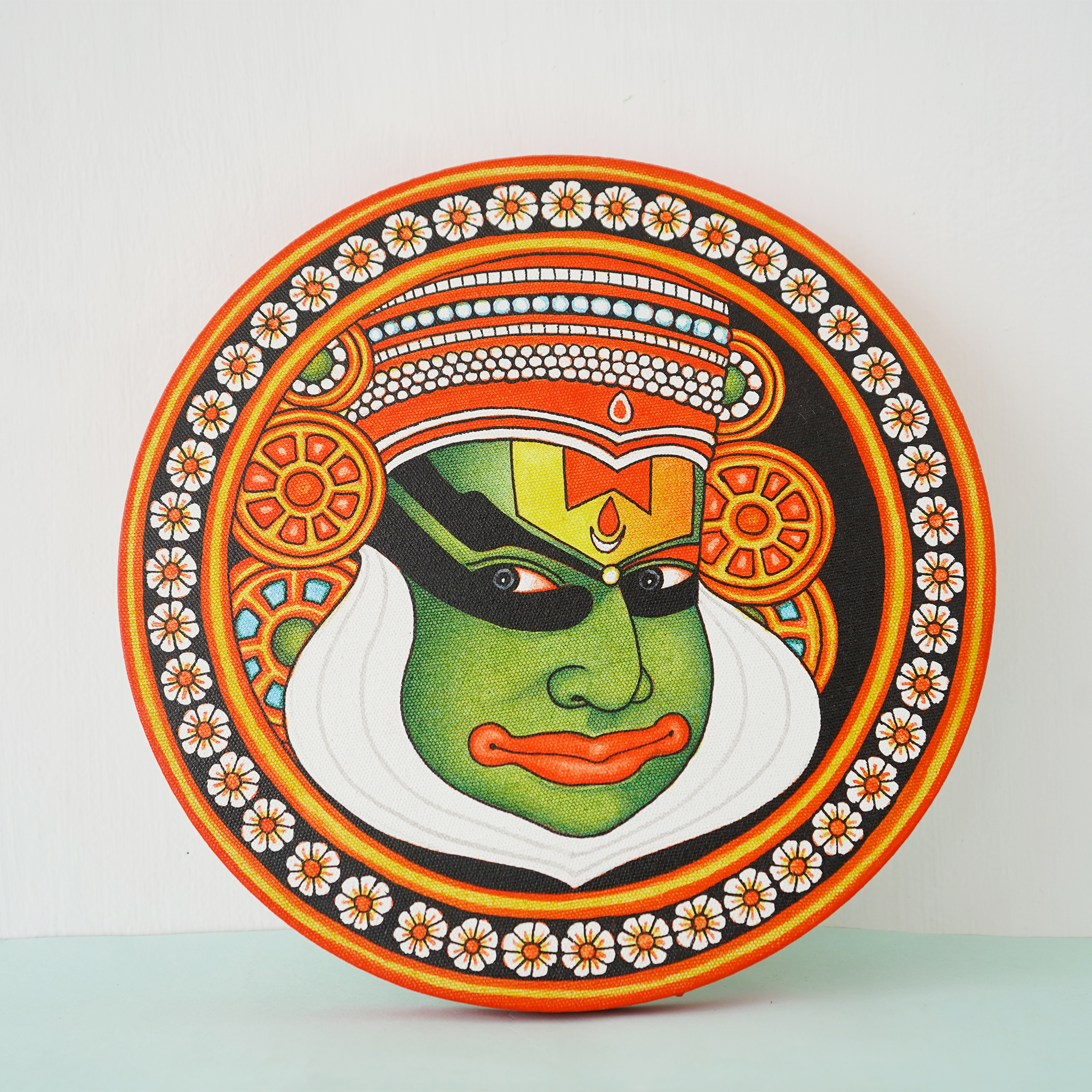 Kerala Mural Art Masterpiece: Vibrant Kathakali Face Round Frame  (Dia - 12 inches) mural painting wall art by Culturati