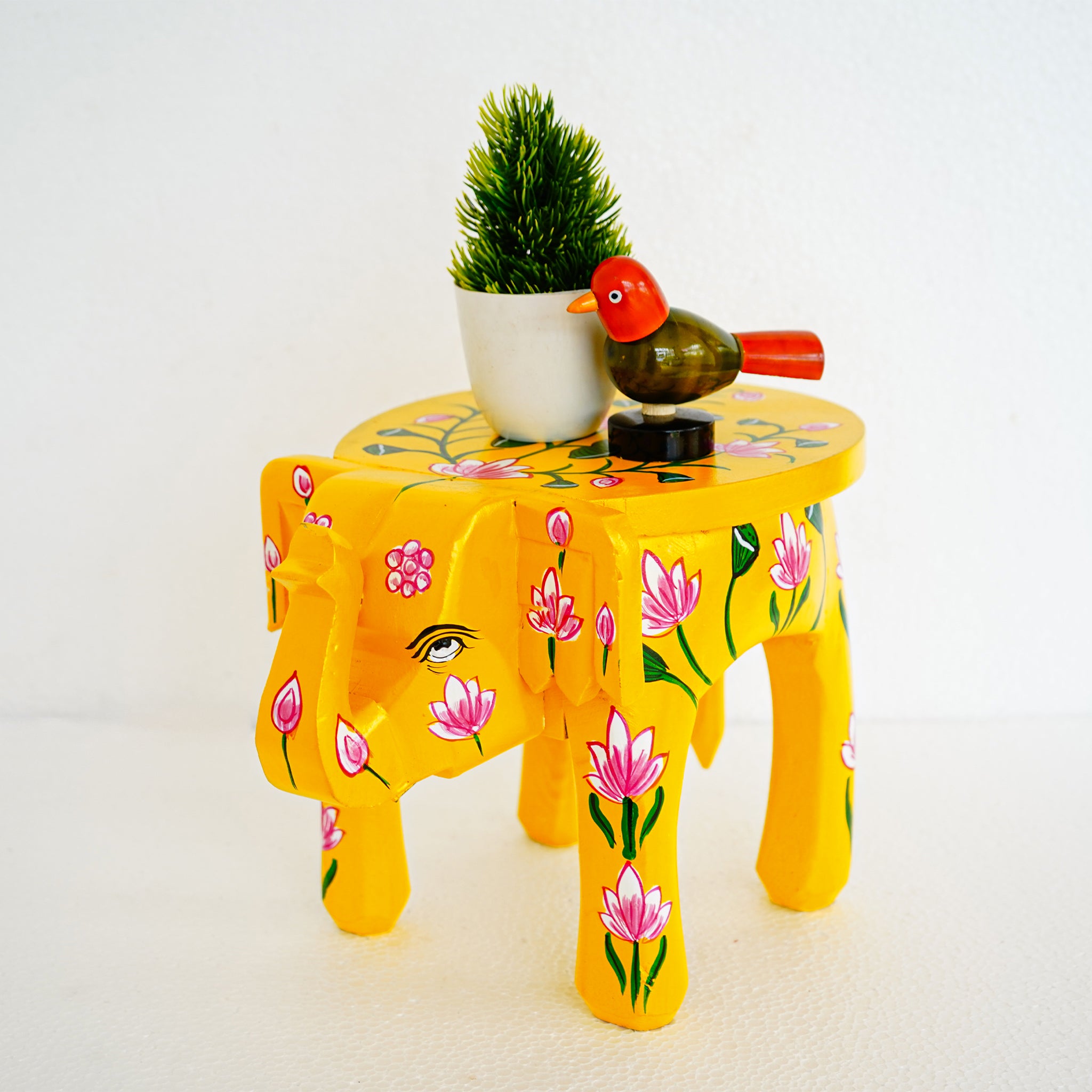 Hand-Painted Wooden Elephant Shape Yellow Stool