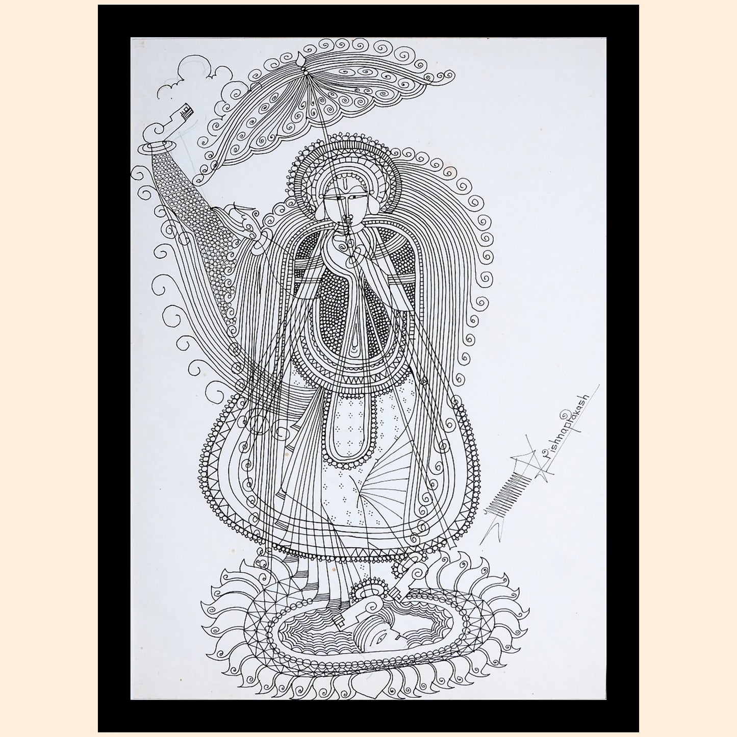 Portrait of Lord Vamana: Soft edged portrait of God Vamana in Sarpura painting style with white background.