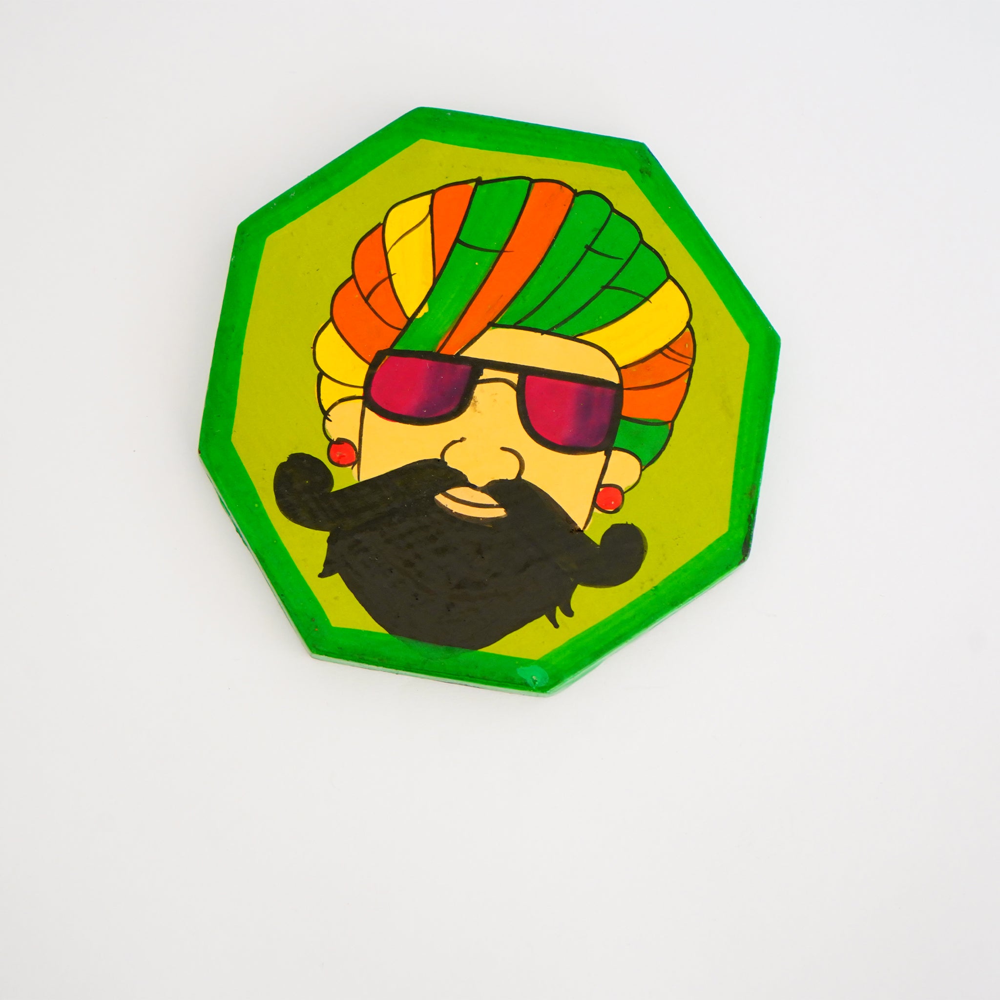 Hand Painted Man in Turban Hexagon Shaped Wooden Tea Coaster-Set of 6