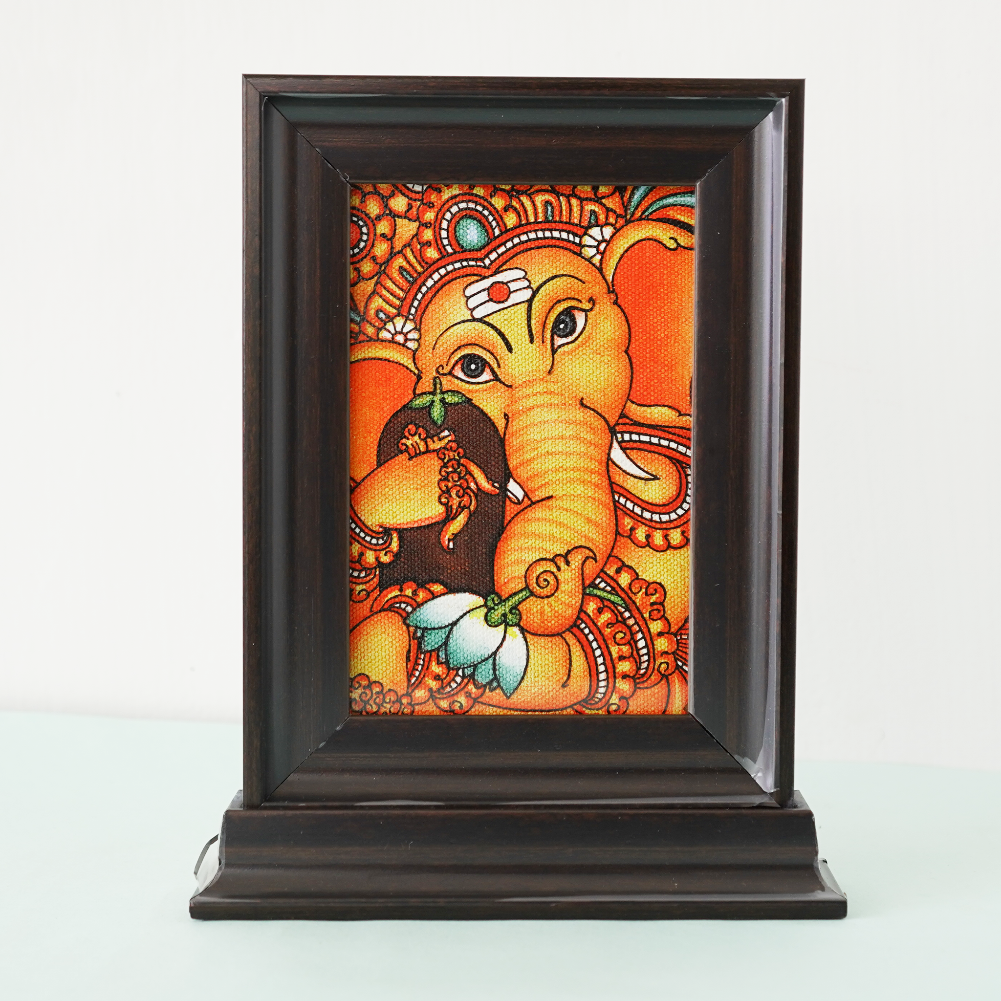 Handcrafted Ganesha with Shivalinga Framed Mural Painting | Divine Wooden Tabletop(Length:9"xBreadth:11") mural painting wall art by Culturati
