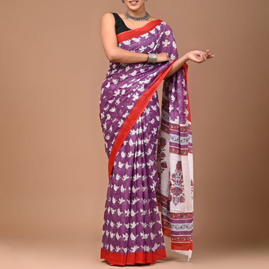 MulMul Cotton Saree - Purple - White birds print