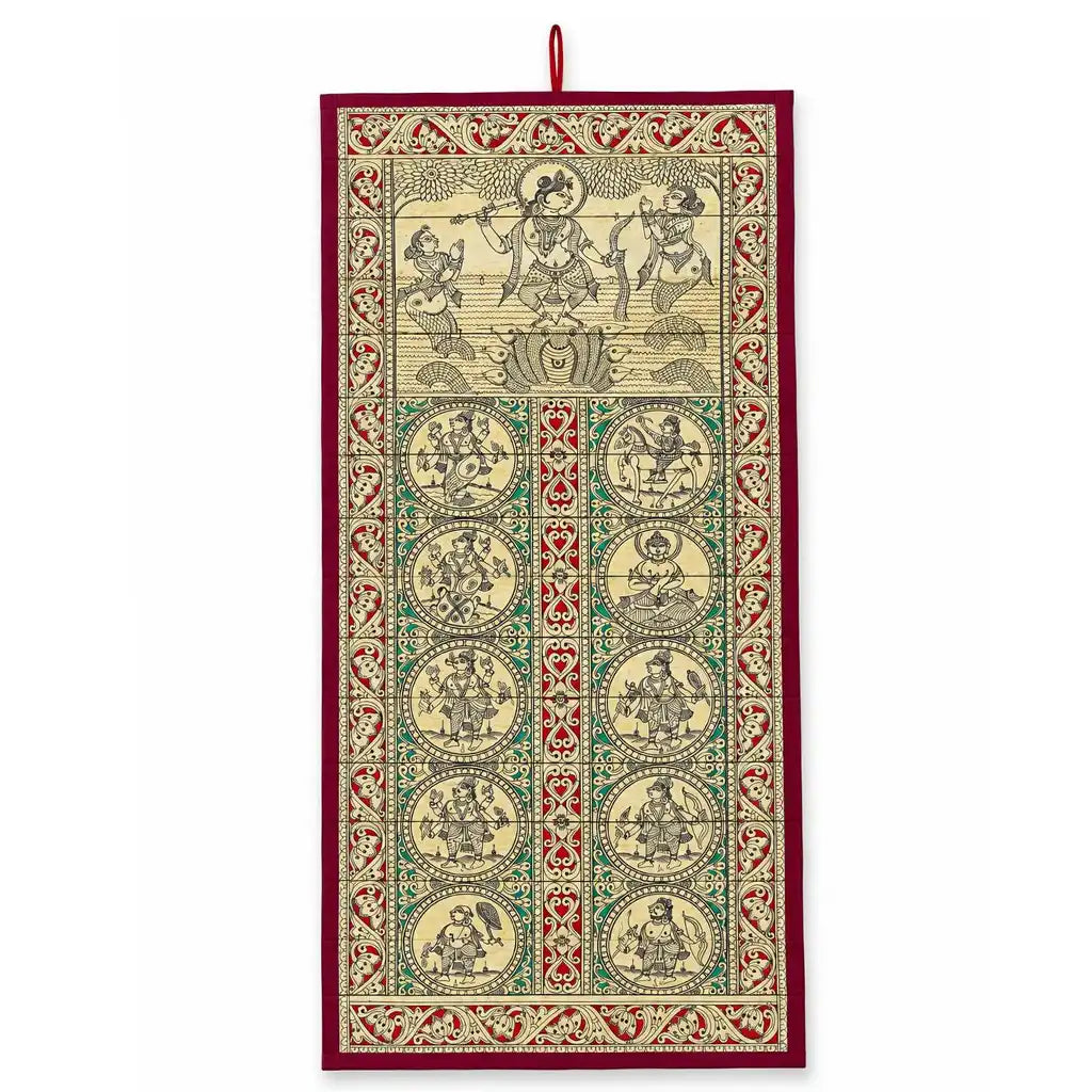 Handcrafted Dashavatara Tala Pattachitra palm leaf scroll from Odisha featuring traditional engraved artwork of the ten avatars of Lord Vishnu
