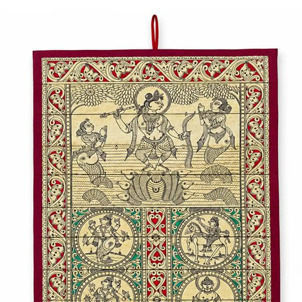 Close-up of hand-engraved Dashavatara Tala Pattachitra palm leaf artwork from Odisha