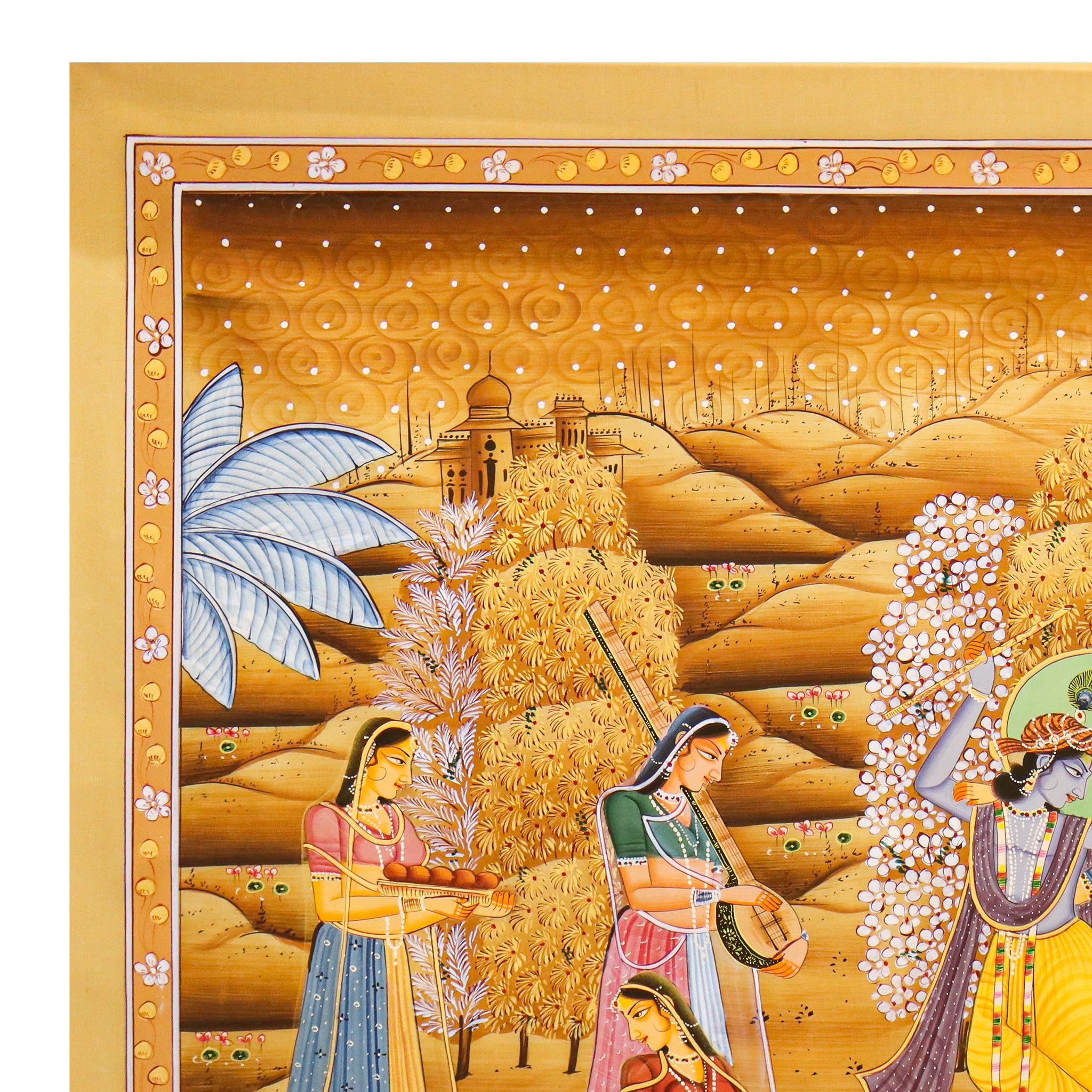Traditional Pichwai Art – Radha Krishna with Musical Gopikas Under Blooming Tree-Made to Order