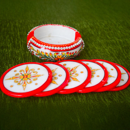 Kishangarh Marble Tea Coasters with Beautiful Floral & Red Accents