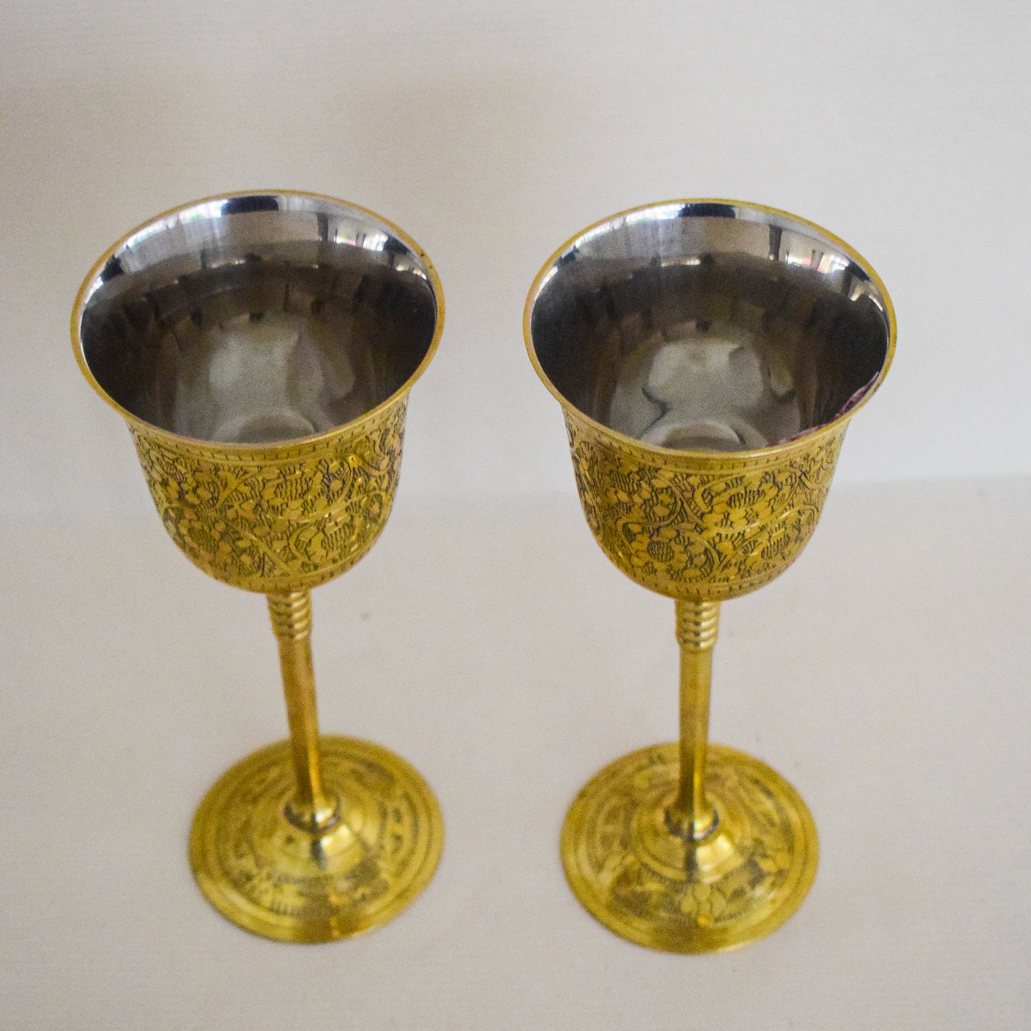 Brass Wine Glass with Handmade Golden Floral Minakari Work-Set of Two