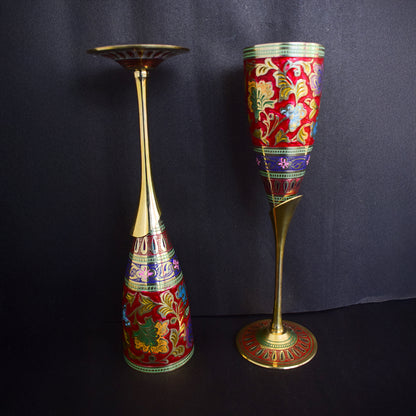 Brass Wine Glass with Handmade Red Floral Minakari Work-Set of Two