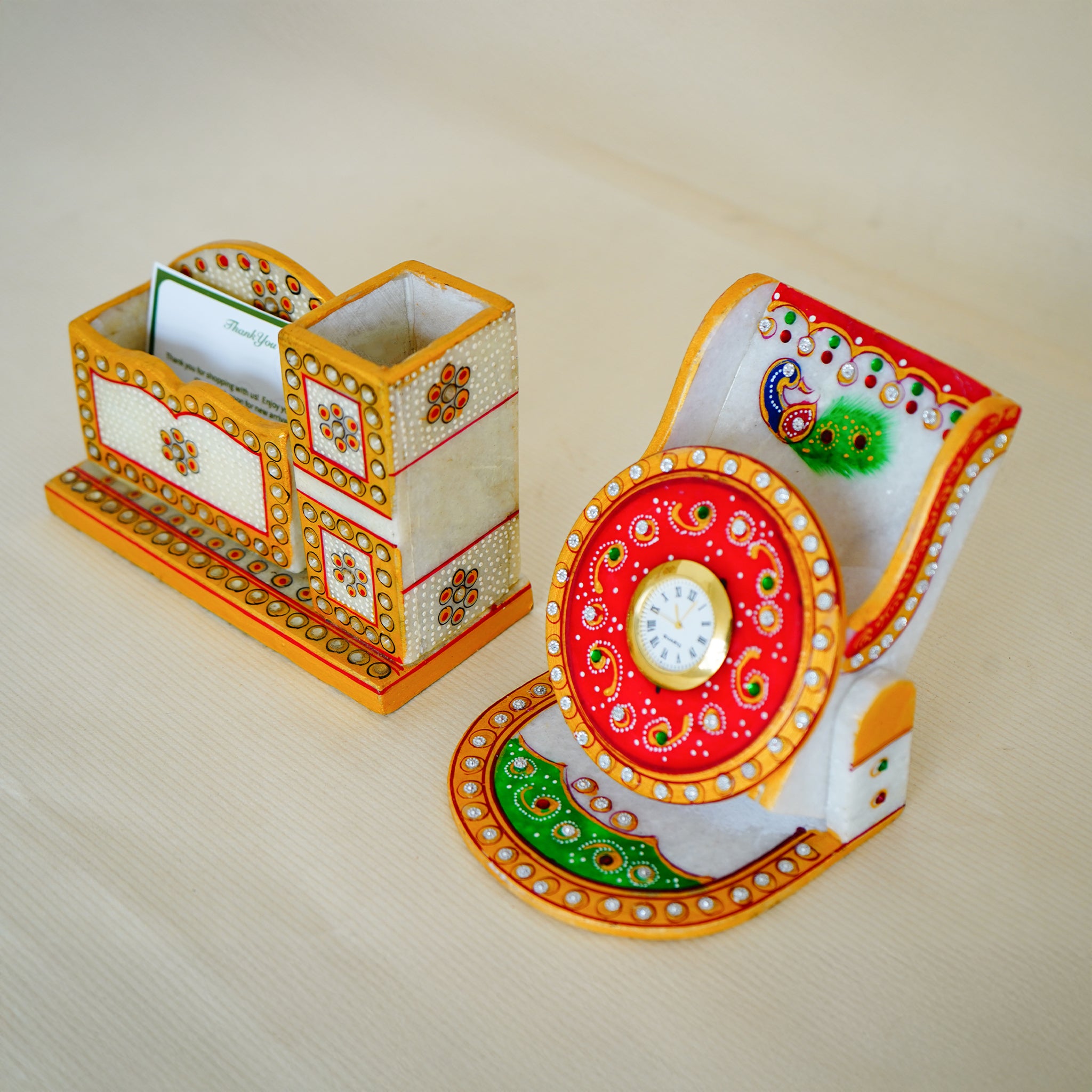 Kishangarh Marble Professional Combo Card Holder and Hand-Painted Peacock Clock