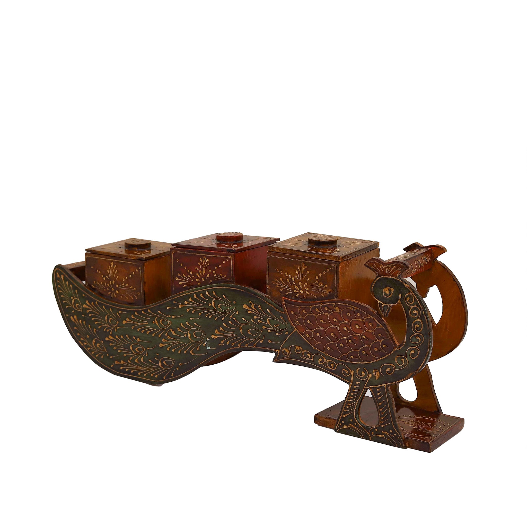 Peacock Carrying 3 Compartments Wooden Dry Fruit Box Beautiful Blend of Craftsmanship